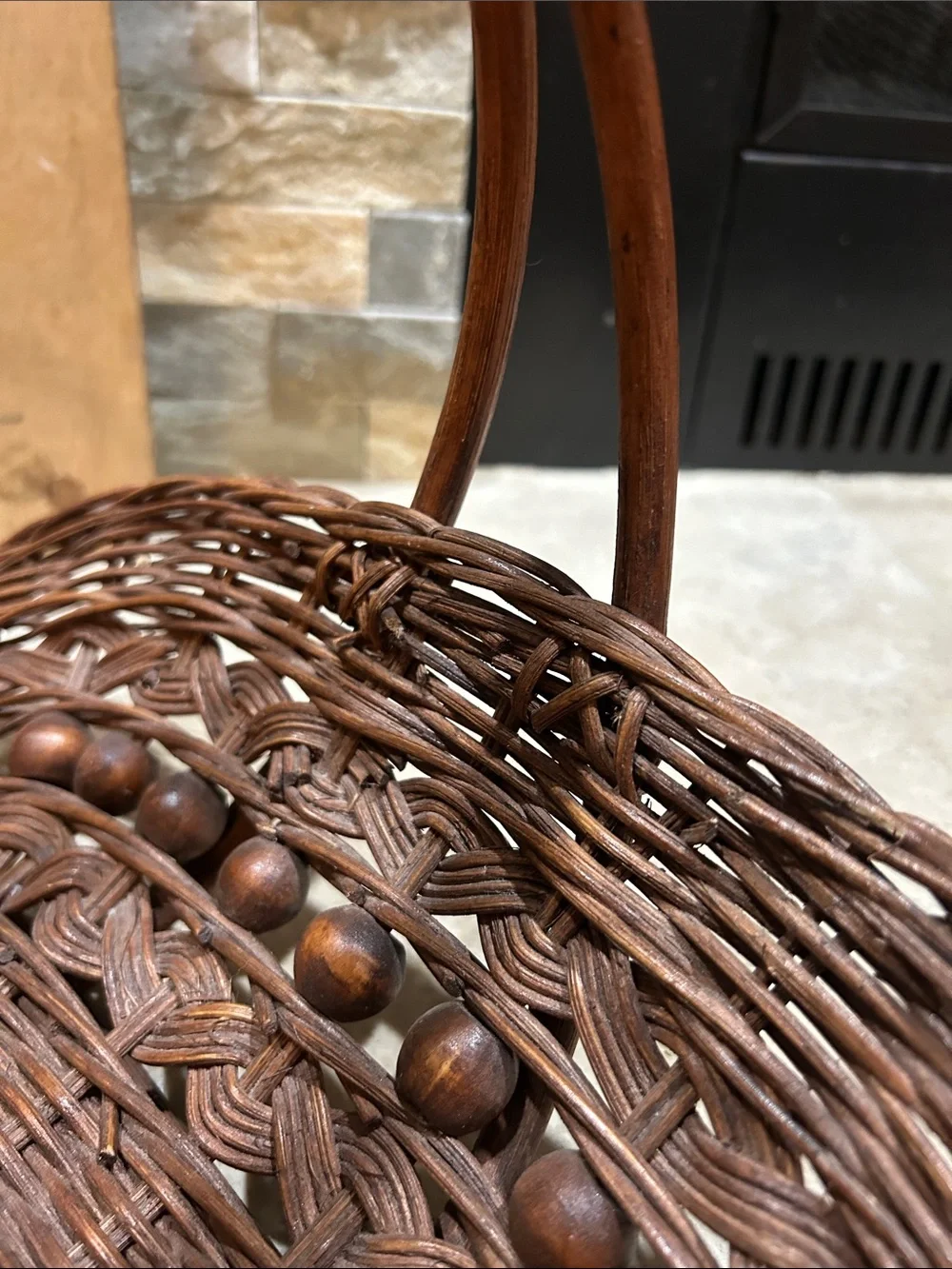 SOLD- vintage wicker rattan foraging flower trug basket decorated w/ wooden bead